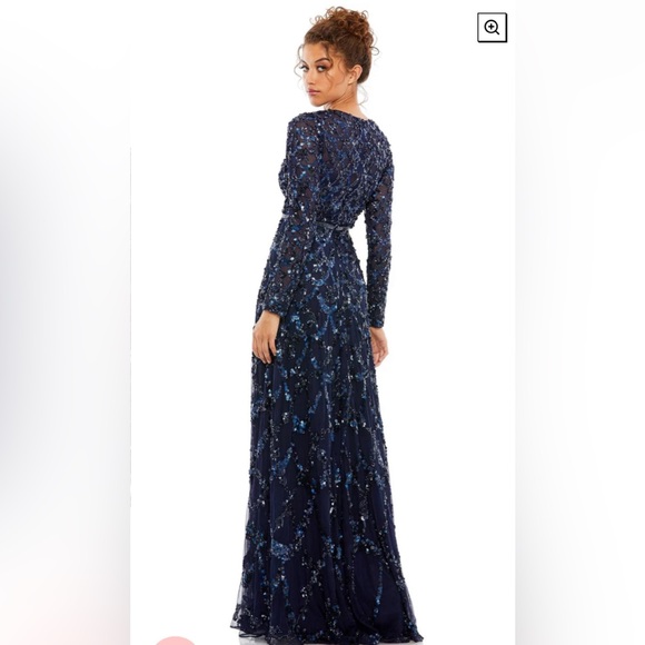 Lattice sequined illusion neckline long sleeve A-line gown - Picture 3 of 10